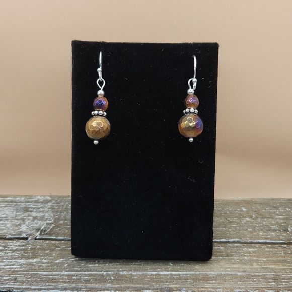 Faceted Tigers Eye and Bali Style Sterling Silver Earrings - Picture 2 of 2